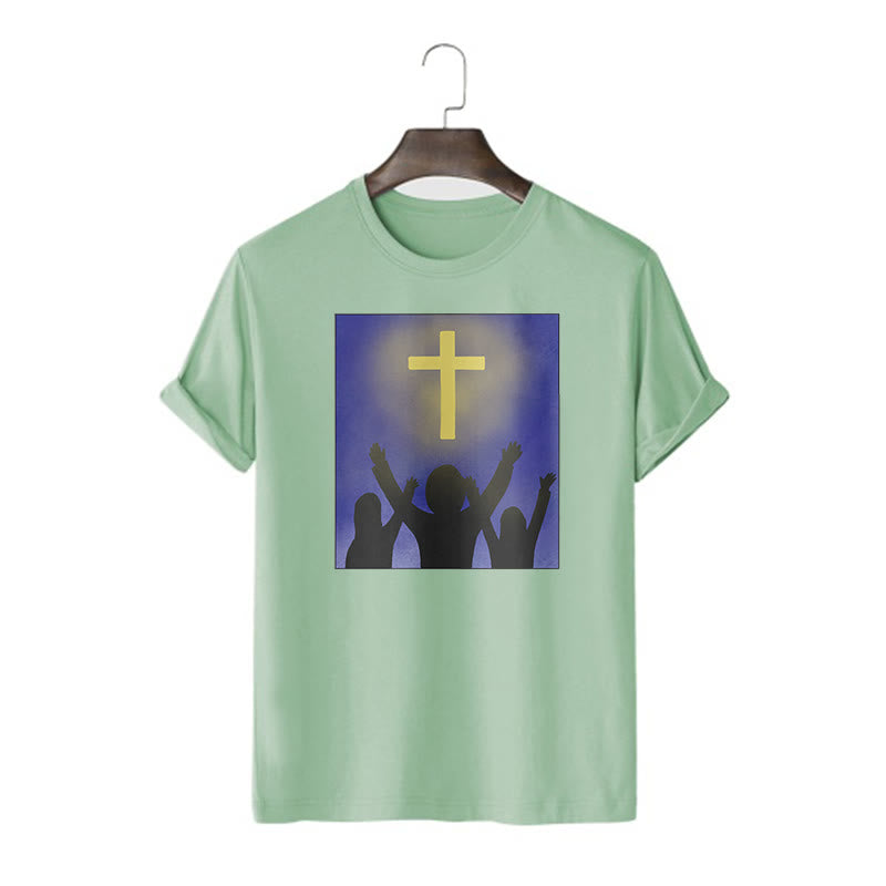 christiandiscipleshop Minimalist Style Christian Faith Inspirational Cross and Worshippers Short Sleeve Washed T-shirt