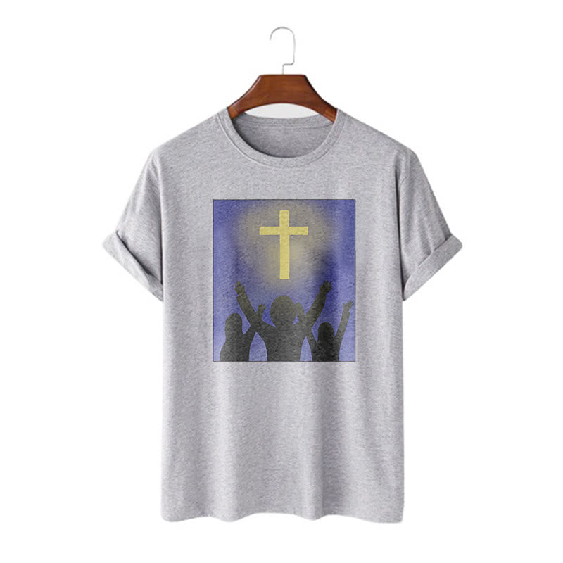 christiandiscipleshop Minimalist Style Christian Faith Inspirational Cross and Worshippers Short Sleeve Washed T-shirt