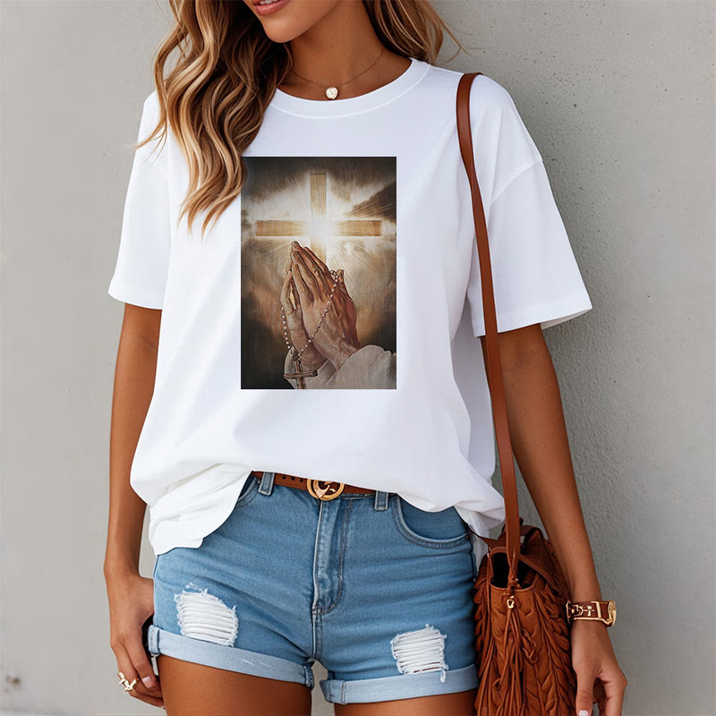 Christiandiscipleshop Retro Style Hand of Jesus Pray Short Sleeve Washed T-shirt