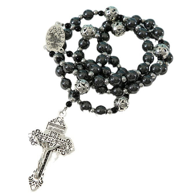 christiandiscipleshop Miraculous Medal & Crucifix of 8 mm Round Black Gallstone Nylon Cord Rosary