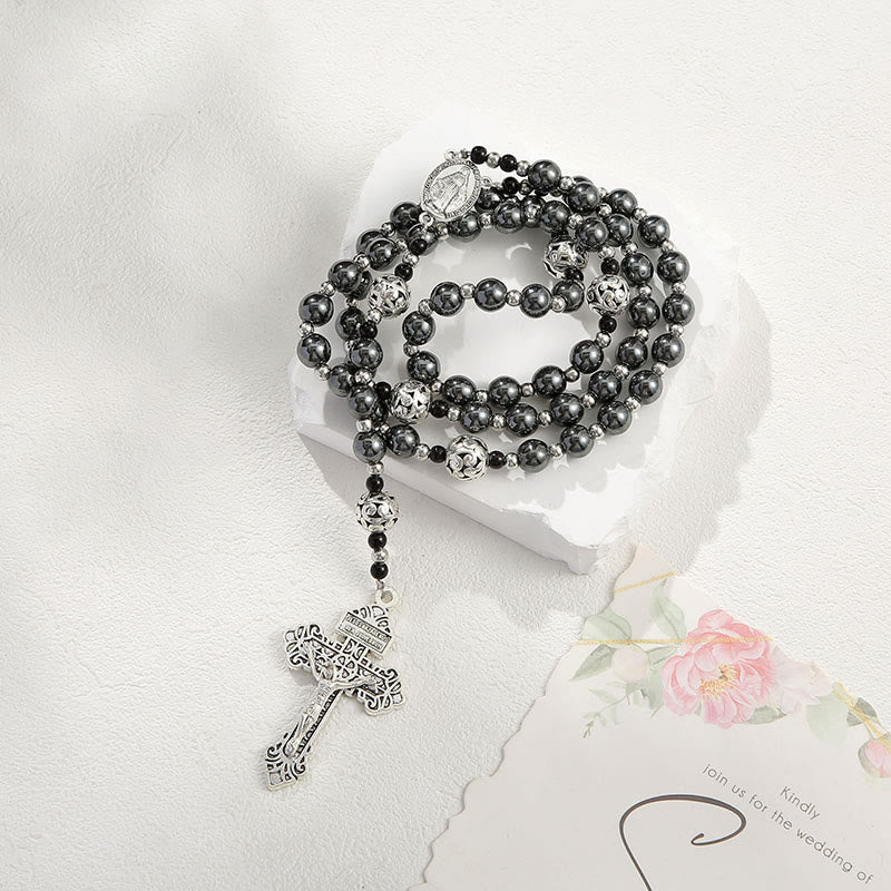 christiandiscipleshop Miraculous Medal & Crucifix of 8 mm Round Black Gallstone Nylon Cord Rosary