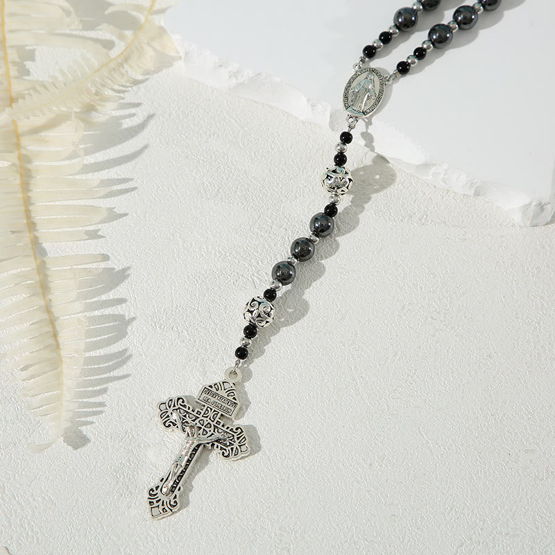 christiandiscipleshop Miraculous Medal & Crucifix of 8 mm Round Black Gallstone Nylon Cord Rosary