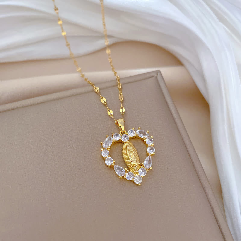 christiandiscipleshop Luxury Style Heart-shaped Gemstone Encrusted Our Lady of Guadalupe Pendant Necklace
