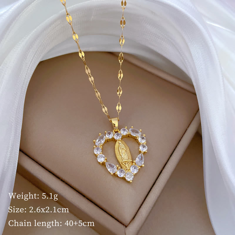 christiandiscipleshop Luxury Style Heart-shaped Gemstone Encrusted Our Lady of Guadalupe Pendant Necklace