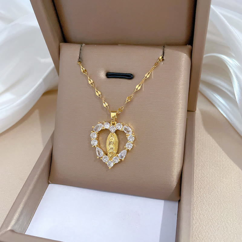 christiandiscipleshop Luxury Style Heart-shaped Gemstone Encrusted Our Lady of Guadalupe Pendant Necklace