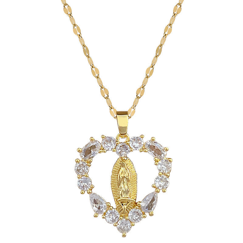 christiandiscipleshop Luxury Style Heart-shaped Gemstone Encrusted Our Lady of Guadalupe Pendant Necklace