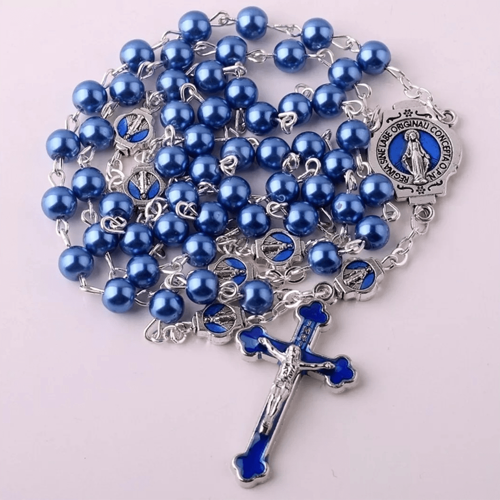 christiandiscipleshop Miraculous Medal & Crucifix of 6 mm Round Blue Glass Alloy Chain Rosary