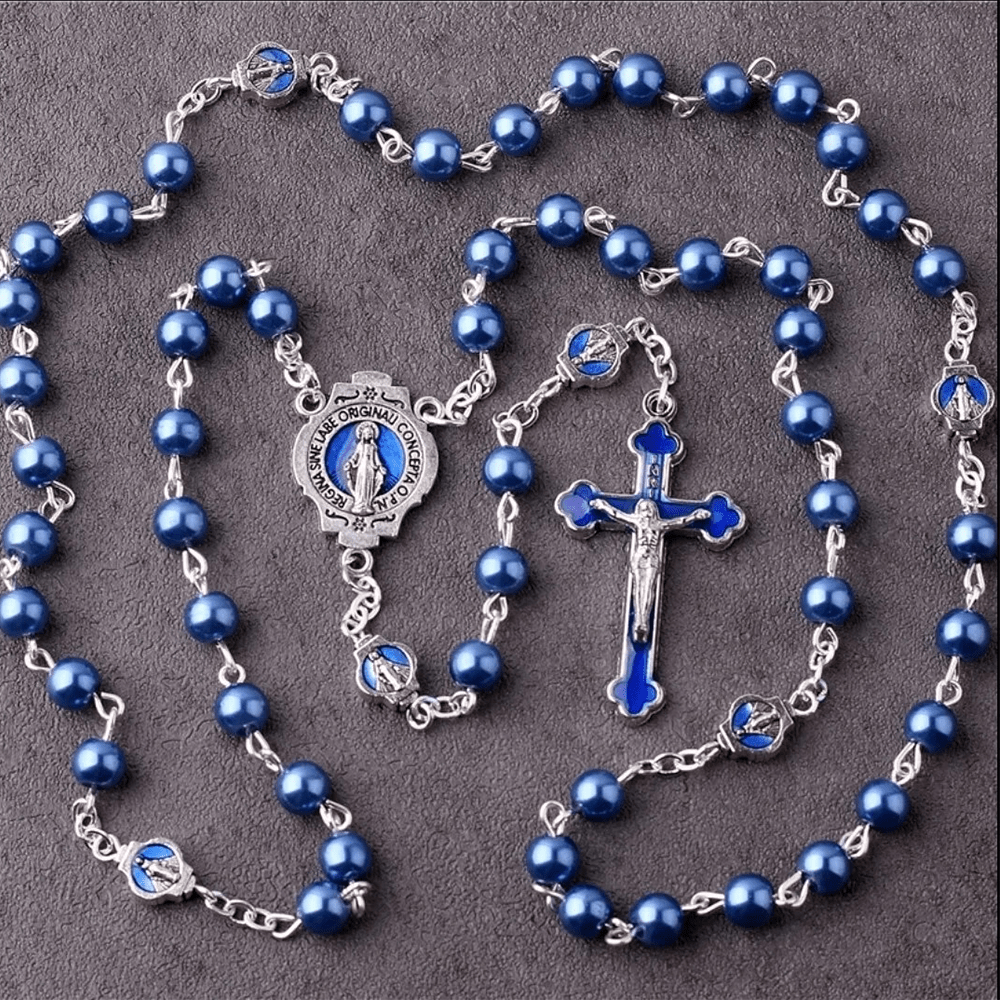 christiandiscipleshop Miraculous Medal & Crucifix of 6 mm Round Blue Glass Alloy Chain Rosary