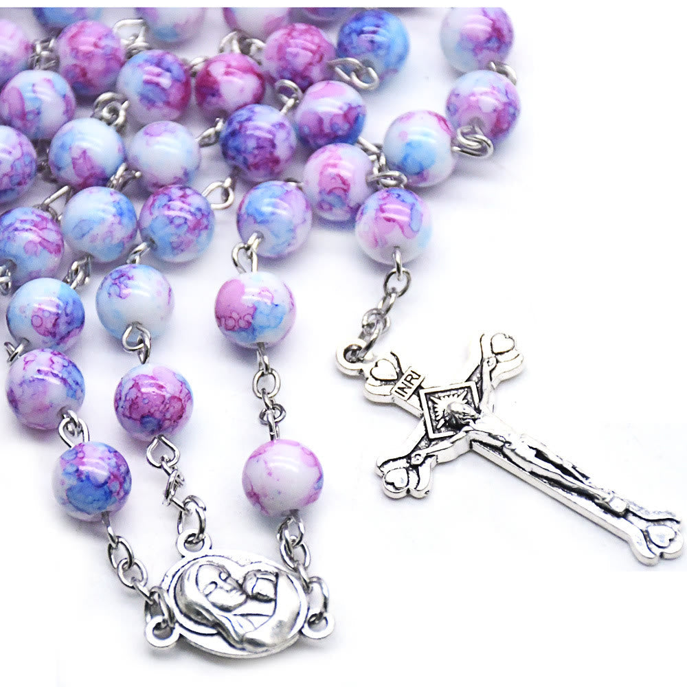 christiandiscipleshop Madonna and Child & Crucifix of 6 mm Round Purple Glass Alloy Chain Rosary