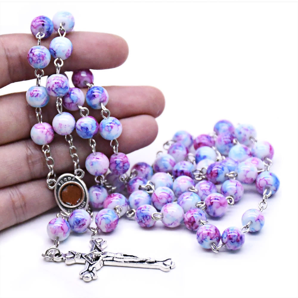 christiandiscipleshop Madonna and Child & Crucifix of 6 mm Round Purple Glass Alloy Chain Rosary