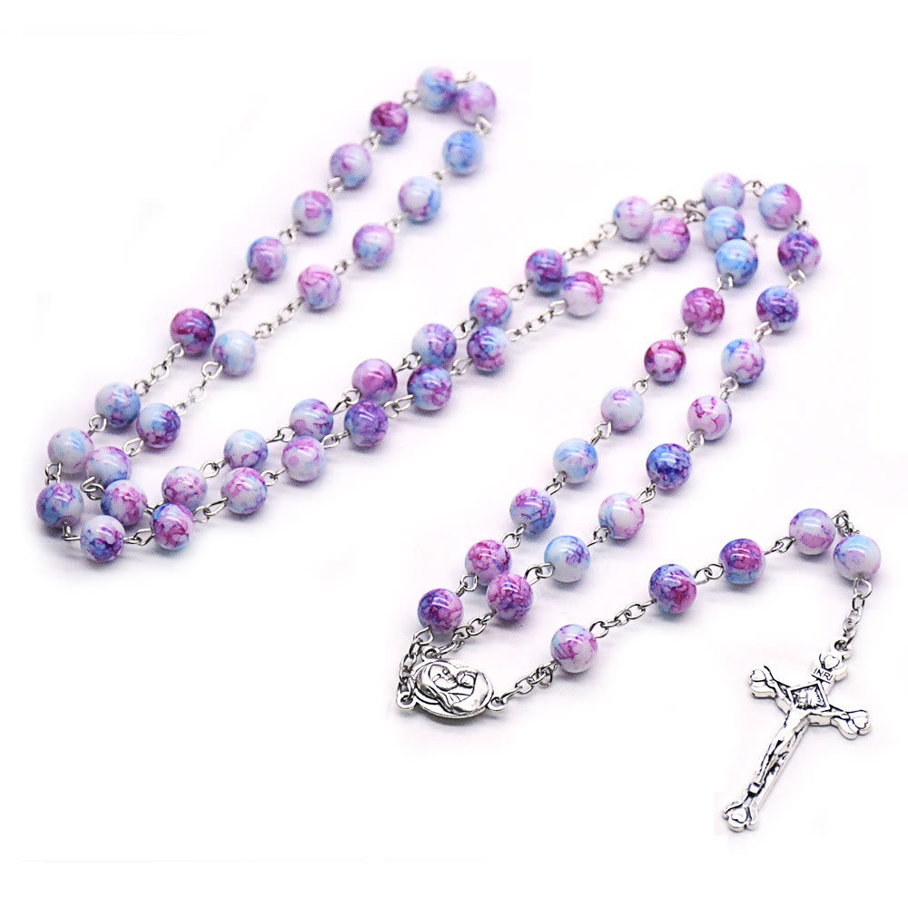 christiandiscipleshop Madonna and Child & Crucifix of 6 mm Round Purple Glass Alloy Chain Rosary