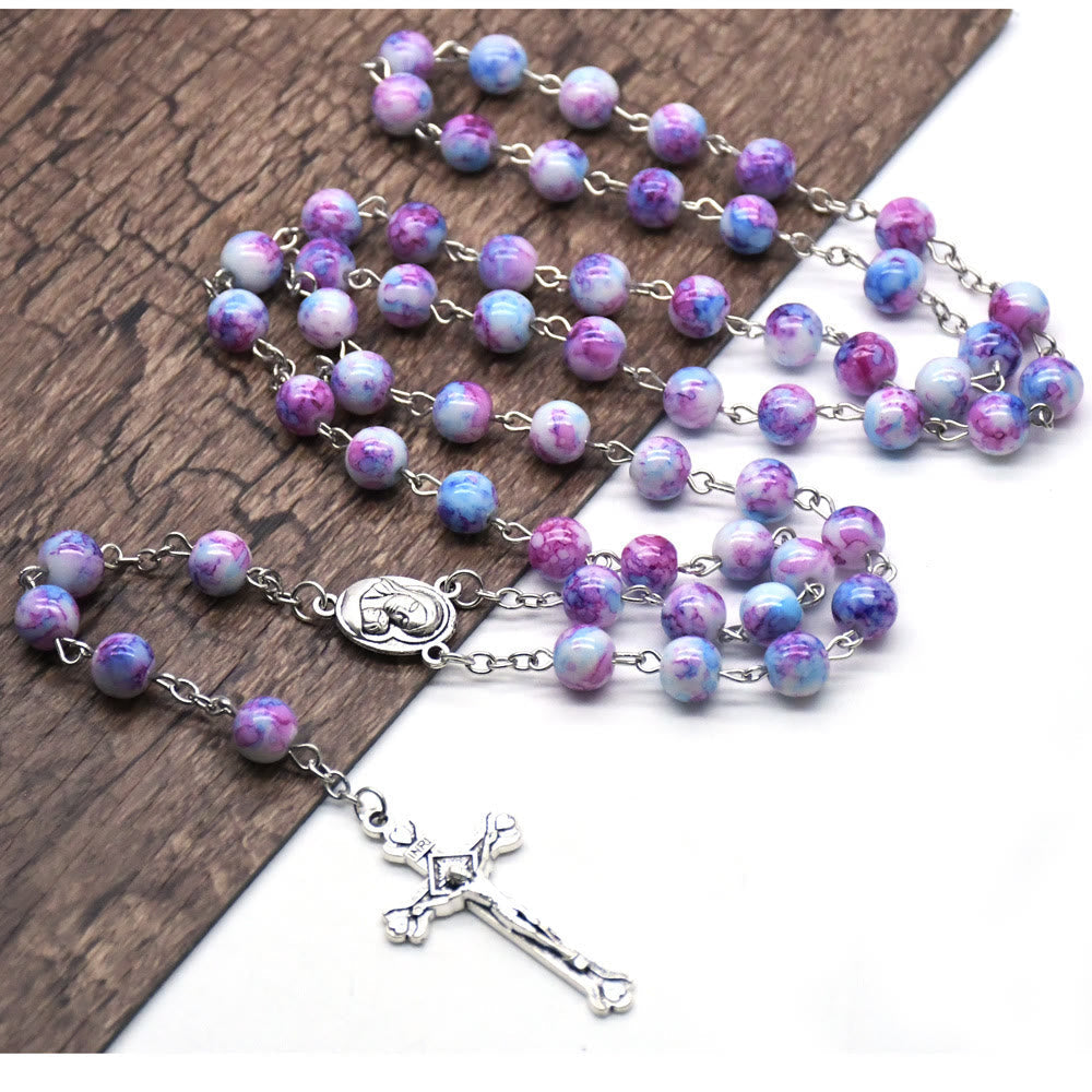 christiandiscipleshop Madonna and Child & Crucifix of 6 mm Round Purple Glass Alloy Chain Rosary