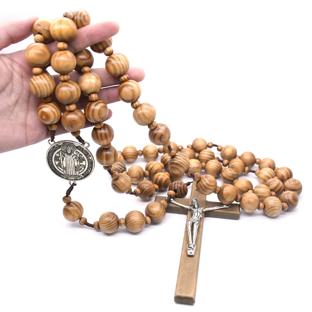 Christiandiscipleshop St. Benedict Medal & Crucifix of 15 mm Round Brown Wood Nylon Cord Wall Hanging Rosary