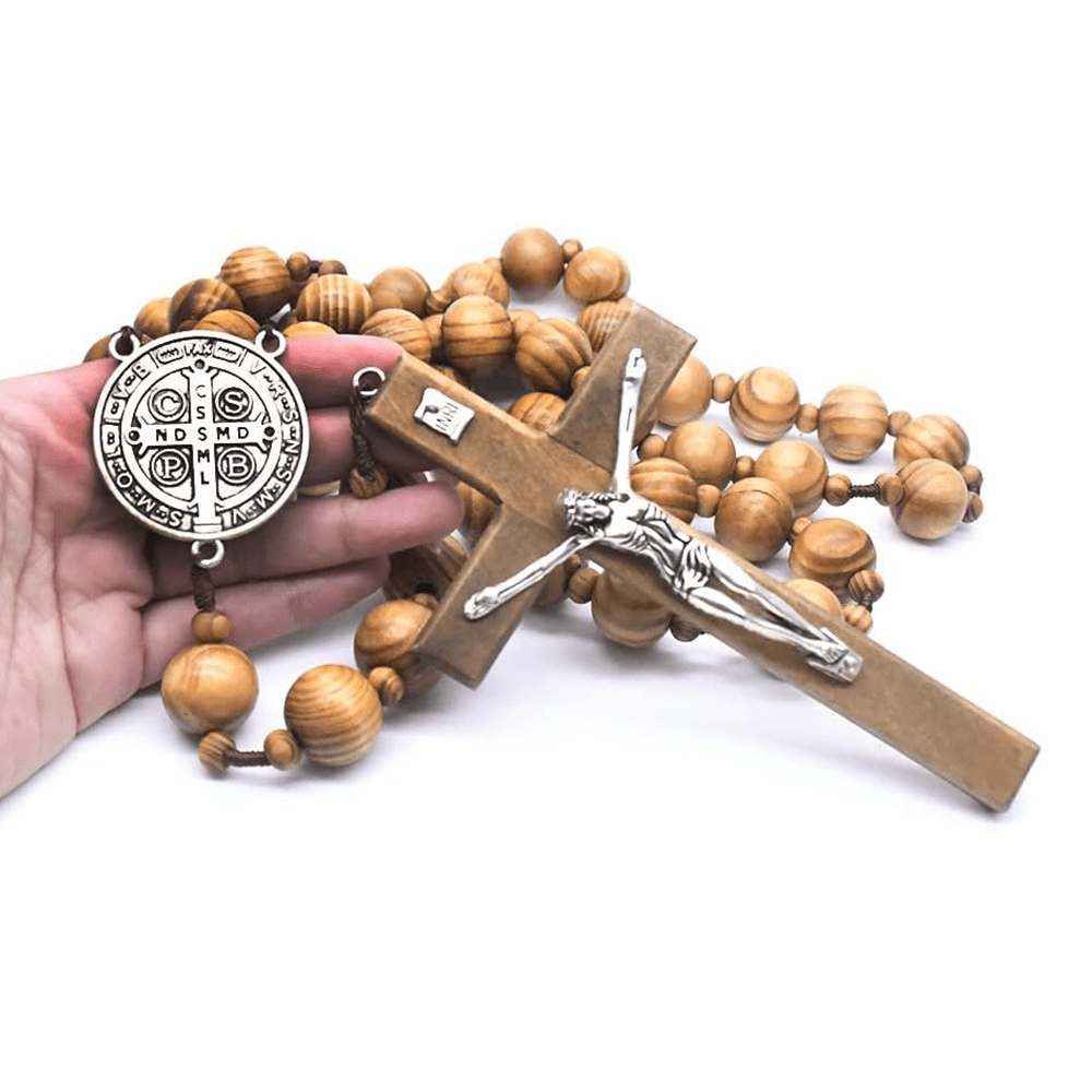 Christiandiscipleshop St. Benedict Medal & Crucifix of 15 mm Round Brown Wood Nylon Cord Wall Hanging Rosary