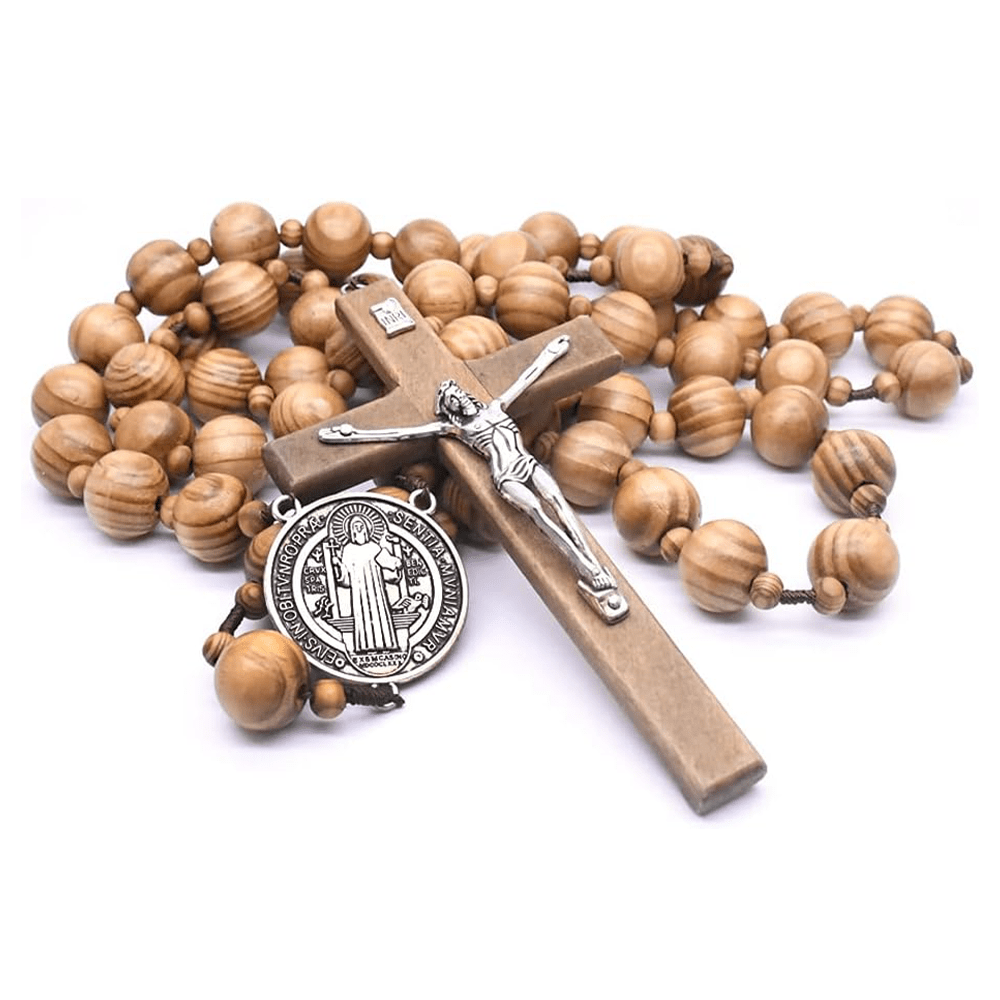 Christiandiscipleshop St. Benedict Medal & Crucifix of 15 mm Round Brown Wood Nylon Cord Wall Hanging Rosary