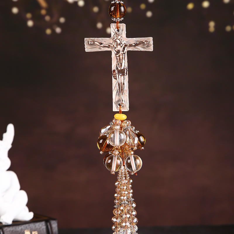 christiandiscipleshop Modern Style Car Pendant Crafted Crucifix Crystal Tassels Car Hanging Ornaments