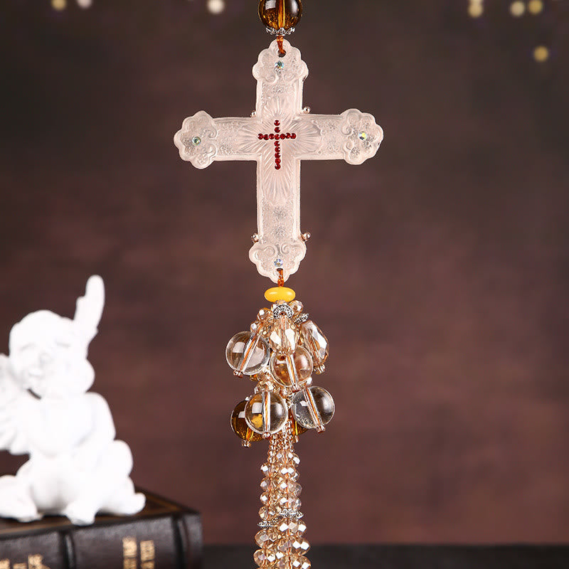 christiandiscipleshop Modern Style Car Pendant Crafted Crucifix Crystal Tassels Car Hanging Ornaments
