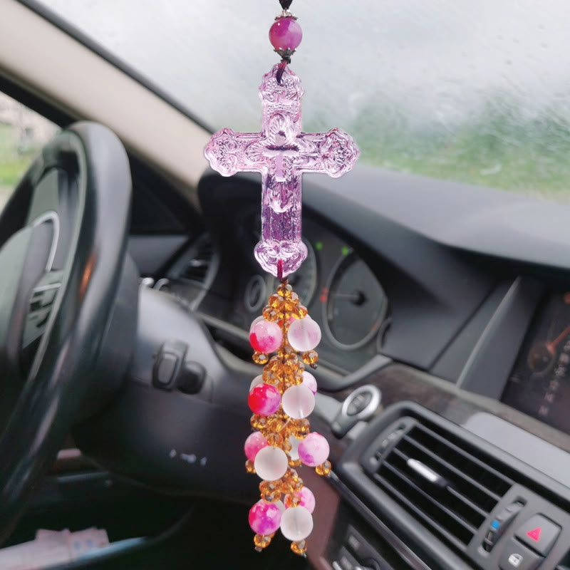 christiandiscipleshop Modern Style Car Pendant Crafted Crucifix Crystal Tassels Car Hanging Ornaments