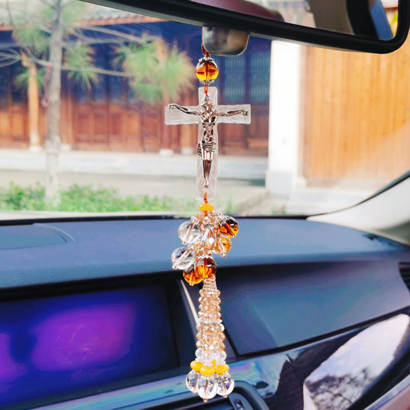 christiandiscipleshop Modern Style Car Pendant Crafted Crucifix Crystal Tassels Car Hanging Ornaments