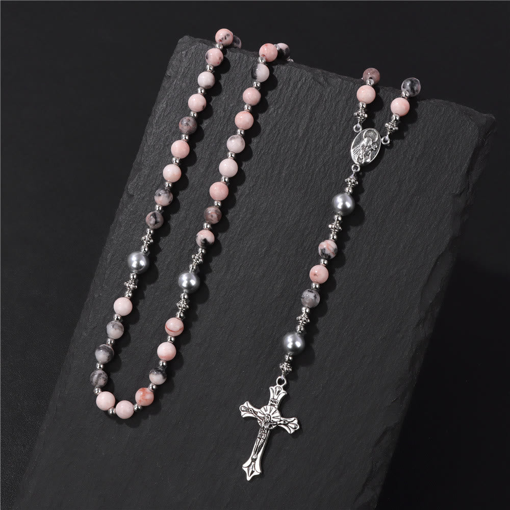 Christiandiscipleshop Natural Stone & Pearl Miraculous Medal Prayer Rosary