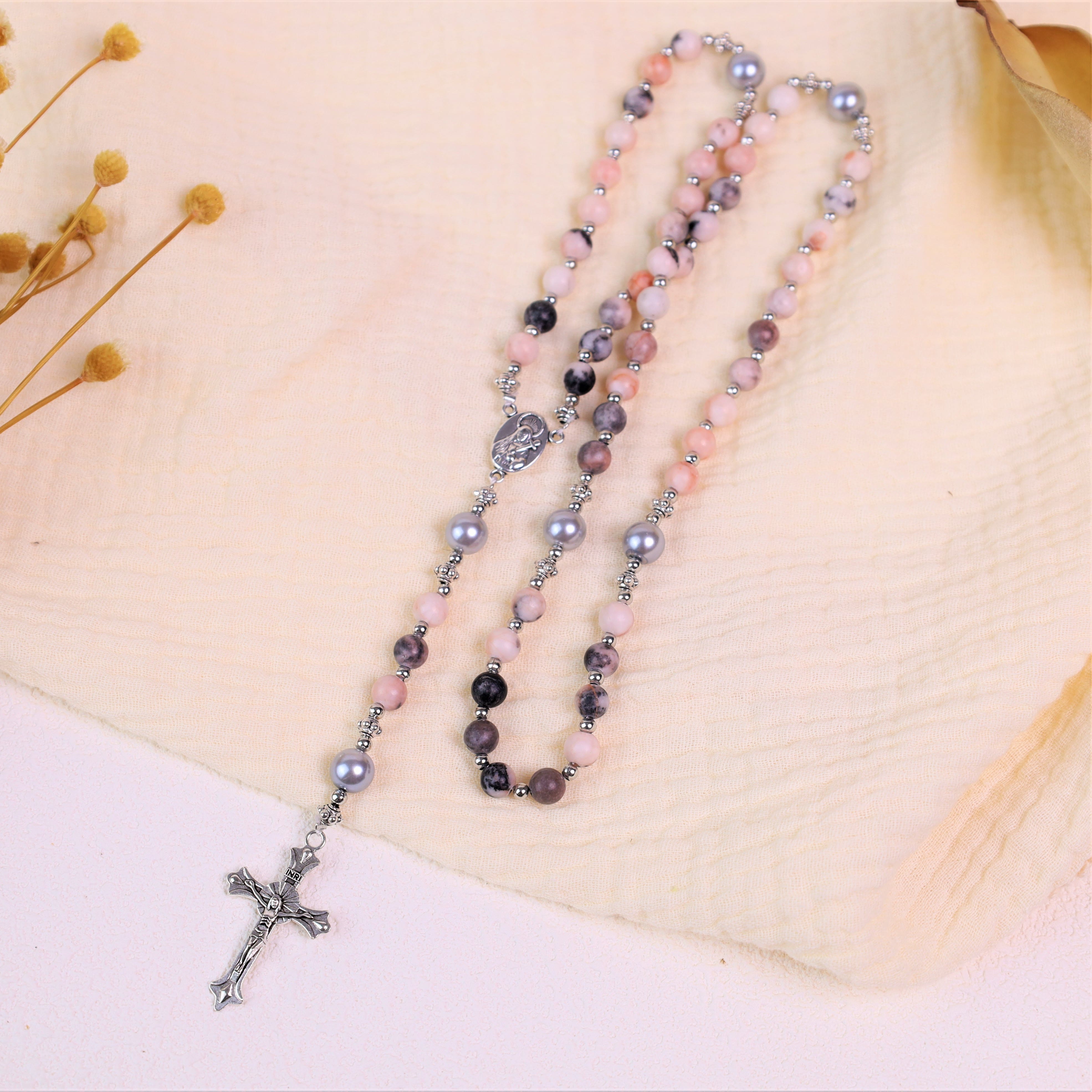 Christiandiscipleshop Natural Stone & Pearl Miraculous Medal Prayer Rosary