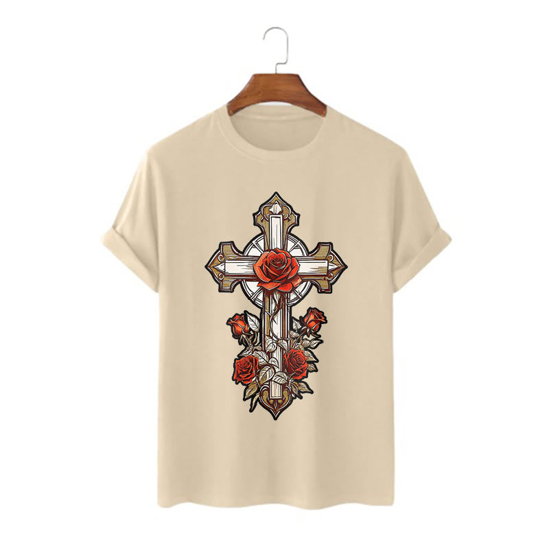Christiandiscipleshop Romantic Style Redemptive Grace Cross with Roses Short Sleeve Washed T-shirt