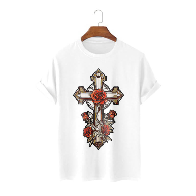 Christiandiscipleshop Romantic Style Redemptive Grace Cross with Roses Short Sleeve Washed T-shirt