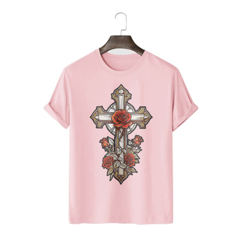 Christiandiscipleshop Romantic Style Redemptive Grace Cross with Roses Short Sleeve Washed T-shirt
