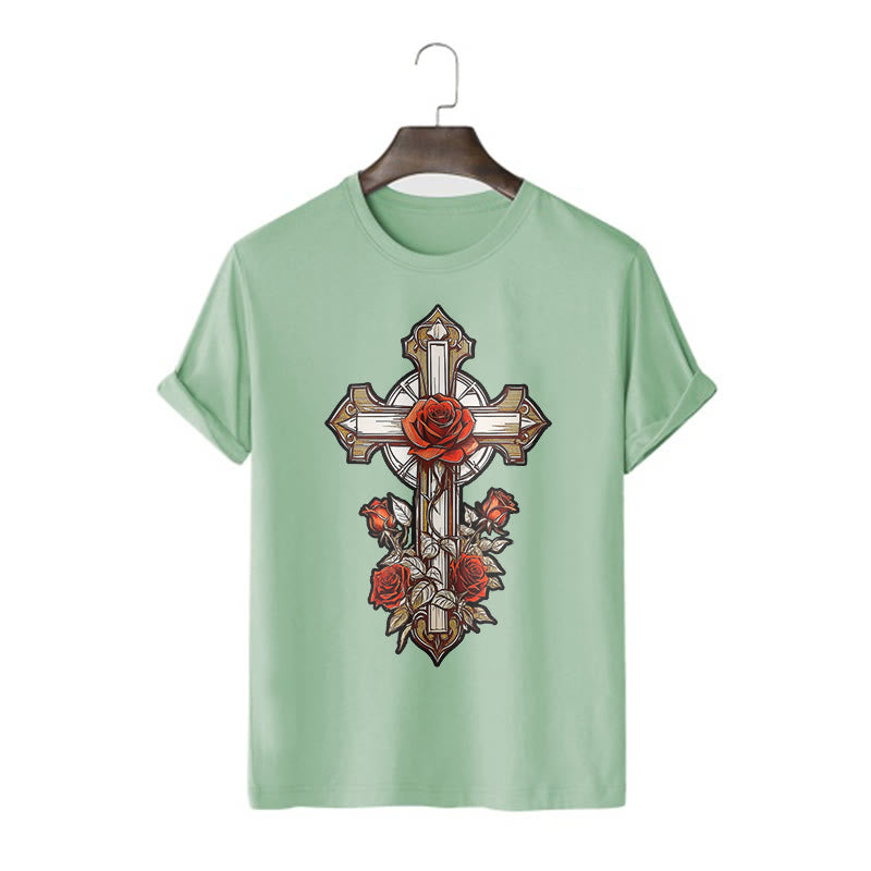 Christiandiscipleshop Romantic Style Redemptive Grace Cross with Roses Short Sleeve Washed T-shirt