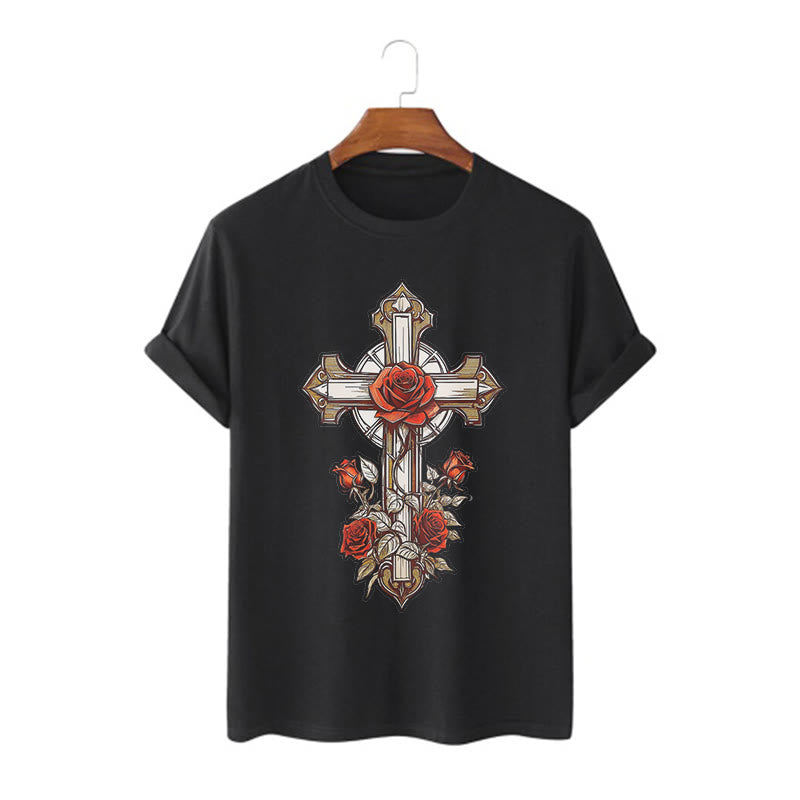 Christiandiscipleshop Romantic Style Redemptive Grace Cross with Roses Short Sleeve Washed T-shirt