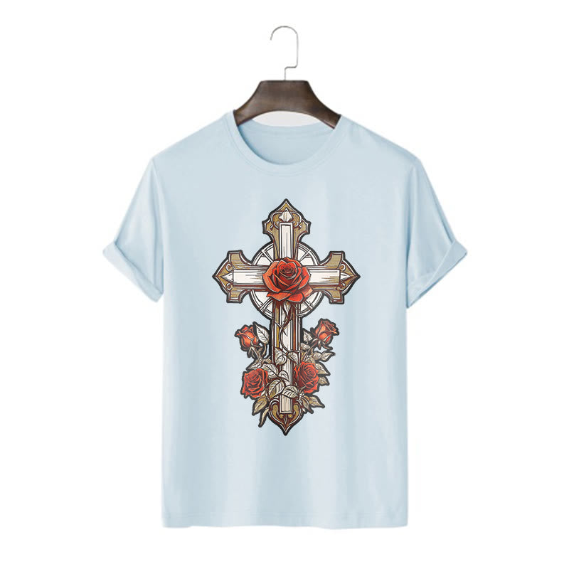 Christiandiscipleshop Romantic Style Redemptive Grace Cross with Roses Short Sleeve Washed T-shirt