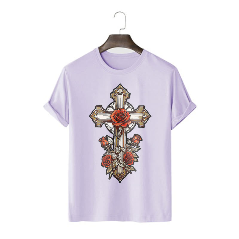 Christiandiscipleshop Romantic Style Redemptive Grace Cross with Roses Short Sleeve Washed T-shirt