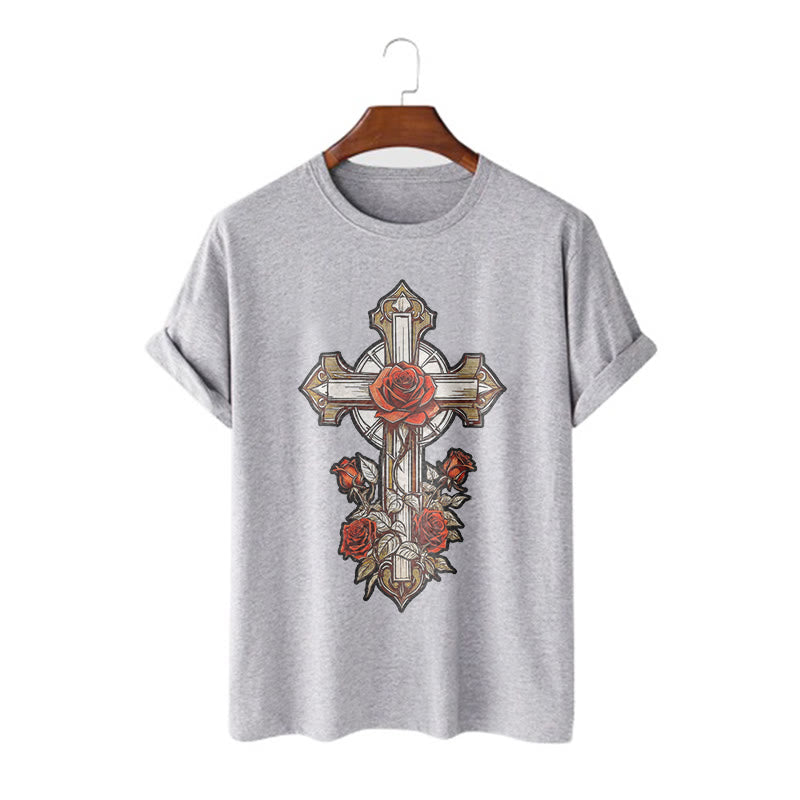 Christiandiscipleshop Romantic Style Redemptive Grace Cross with Roses Short Sleeve Washed T-shirt