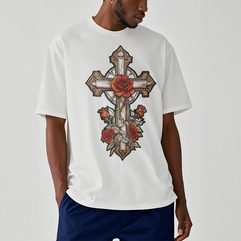 Christiandiscipleshop Romantic Style Redemptive Grace Cross with Roses Short Sleeve Washed T-shirt