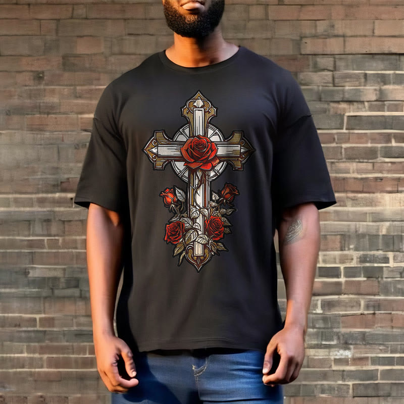 Christiandiscipleshop Romantic Style Redemptive Grace Cross with Roses Short Sleeve Washed T-shirt