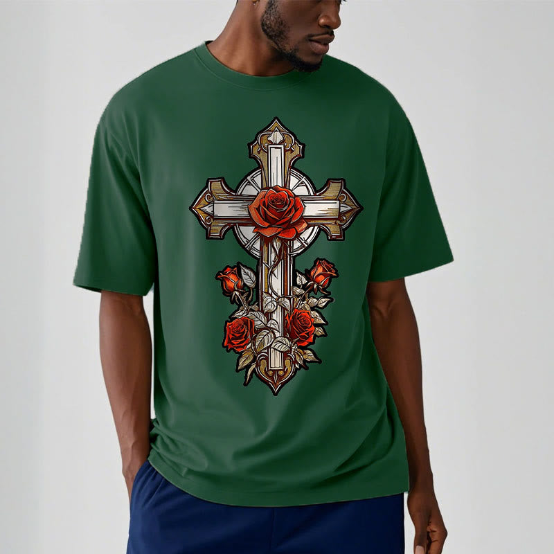 Christiandiscipleshop Romantic Style Redemptive Grace Cross with Roses Short Sleeve Washed T-shirt