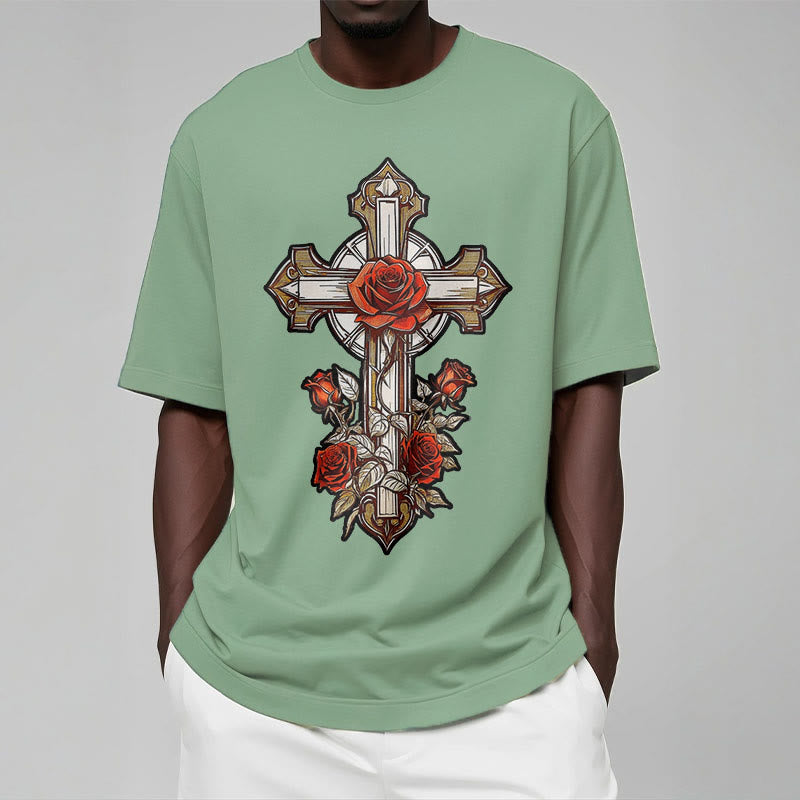 Christiandiscipleshop Romantic Style Redemptive Grace Cross with Roses Short Sleeve Washed T-shirt