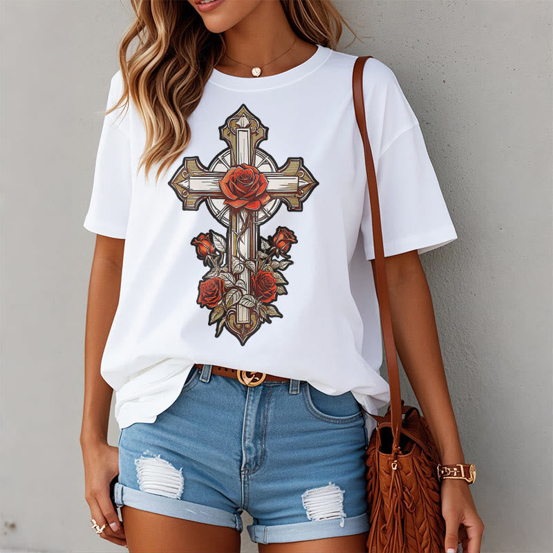 Christiandiscipleshop Romantic Style Redemptive Grace Cross with Roses Short Sleeve Washed T-shirt