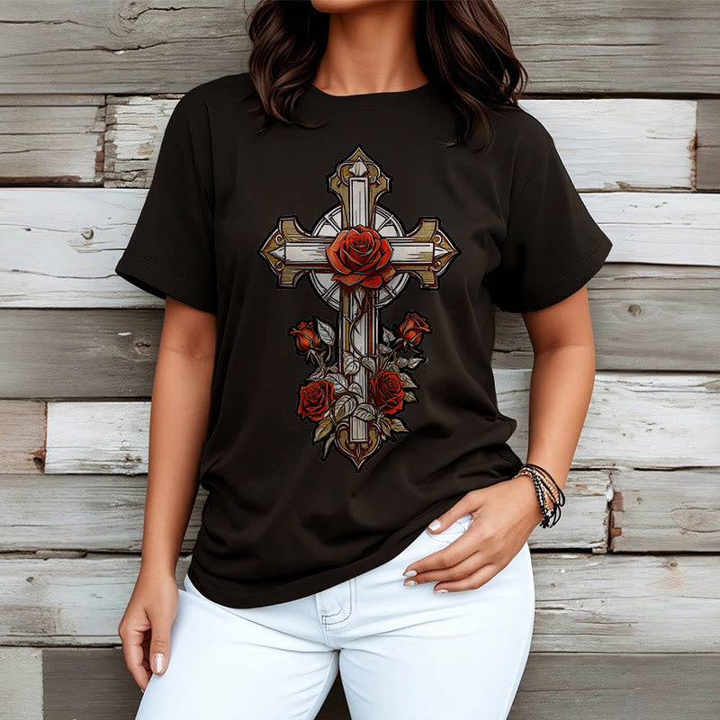 Christiandiscipleshop Romantic Style Redemptive Grace Cross with Roses Short Sleeve Washed T-shirt