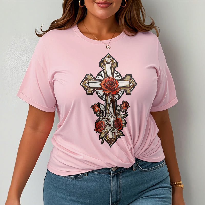 Christiandiscipleshop Romantic Style Redemptive Grace Cross with Roses Short Sleeve Washed T-shirt