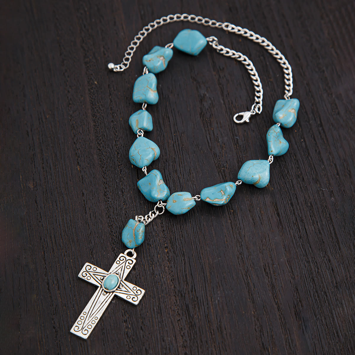 Christiandiscipleshop Retro Style Turquoise Natural Stone Cross Pendant Necklace