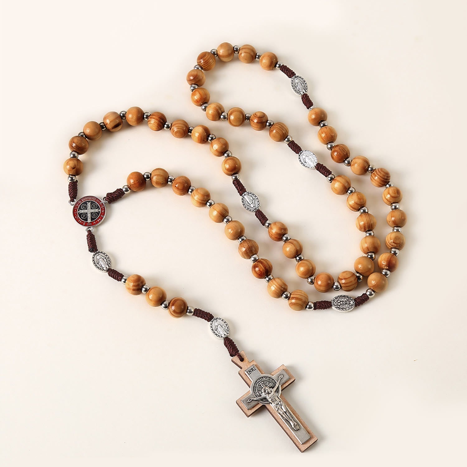 christiandiscipleshop Miraculous Medal & St. Benedict Medal & Crucifix of 10 mm Round Brown Wood Nylon Cord Rosary