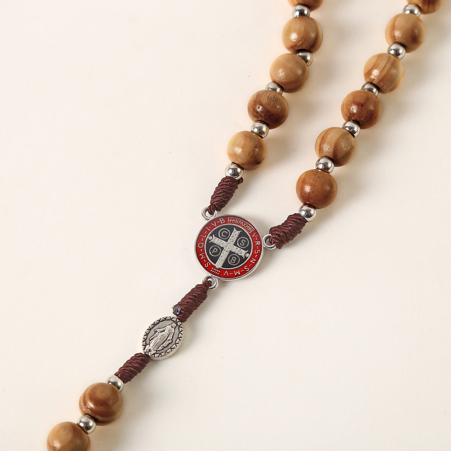 christiandiscipleshop Miraculous Medal & St. Benedict Medal & Crucifix of 10 mm Round Brown Wood Nylon Cord Rosary