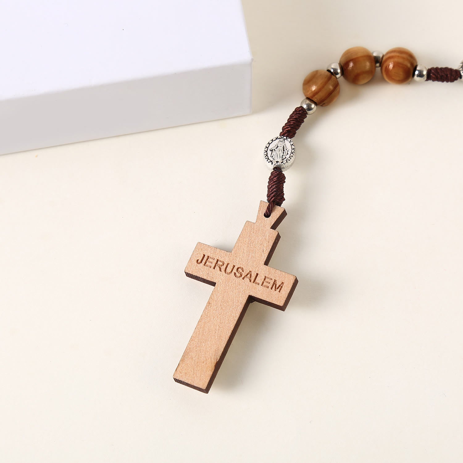 christiandiscipleshop Miraculous Medal & St. Benedict Medal & Crucifix of 10 mm Round Brown Wood Nylon Cord Rosary