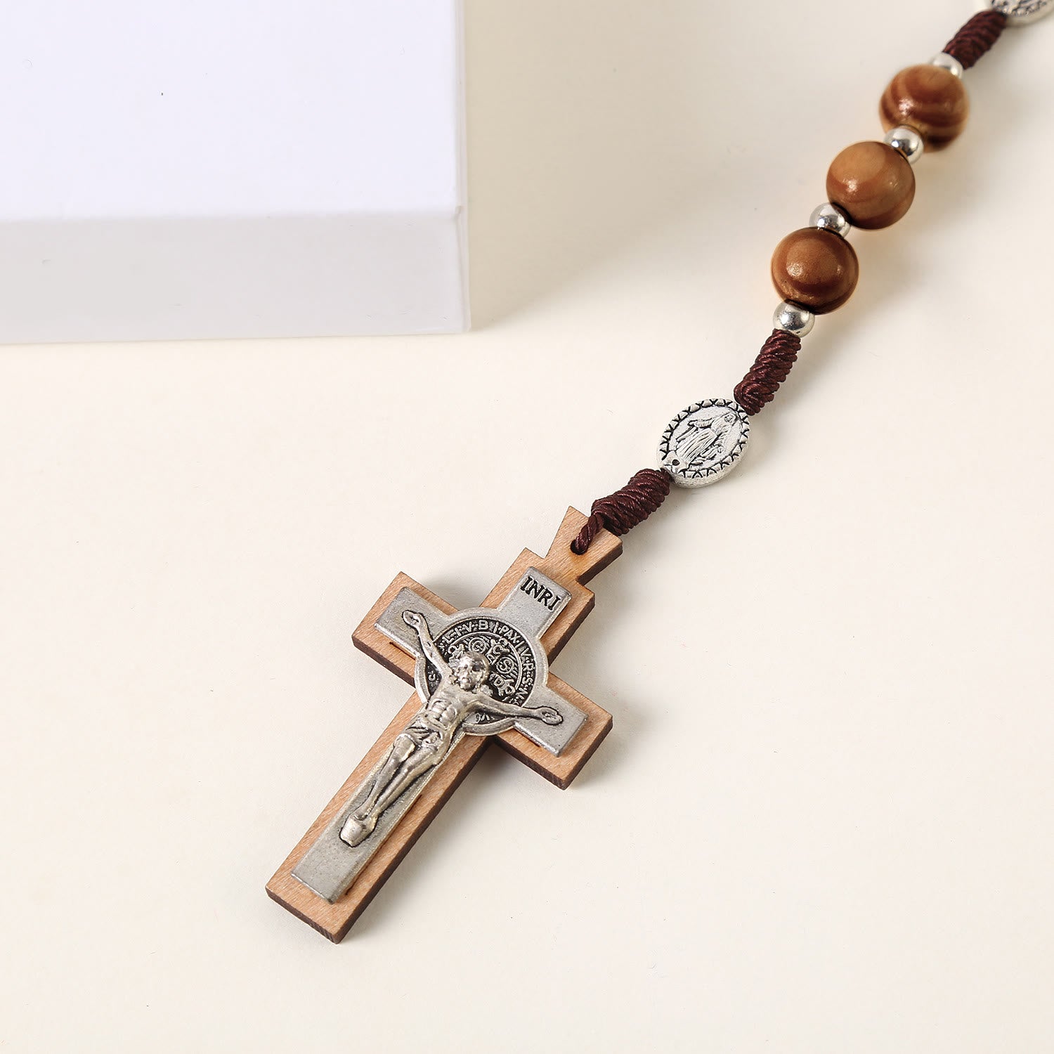 christiandiscipleshop Miraculous Medal & St. Benedict Medal & Crucifix of 10 mm Round Brown Wood Nylon Cord Rosary