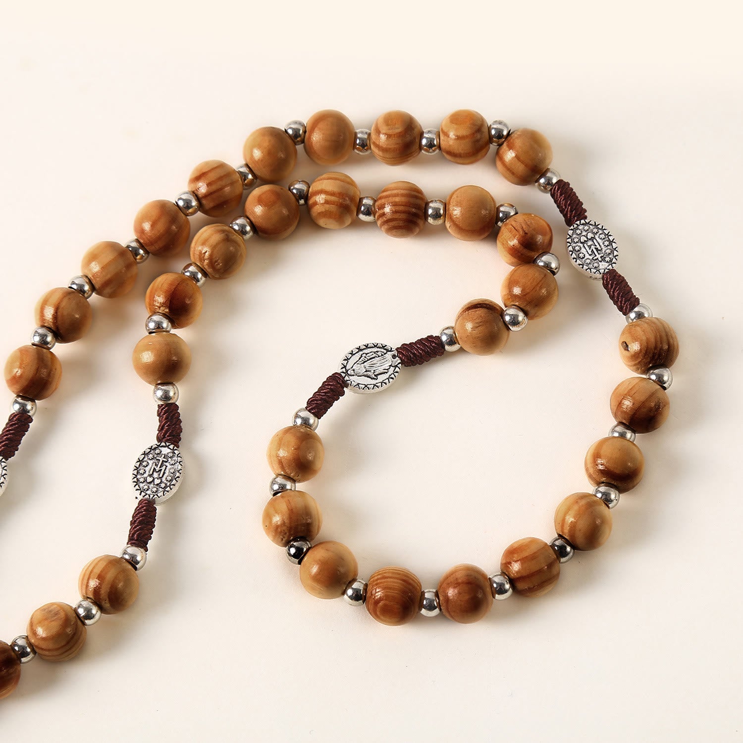 christiandiscipleshop Miraculous Medal & St. Benedict Medal & Crucifix of 10 mm Round Brown Wood Nylon Cord Rosary