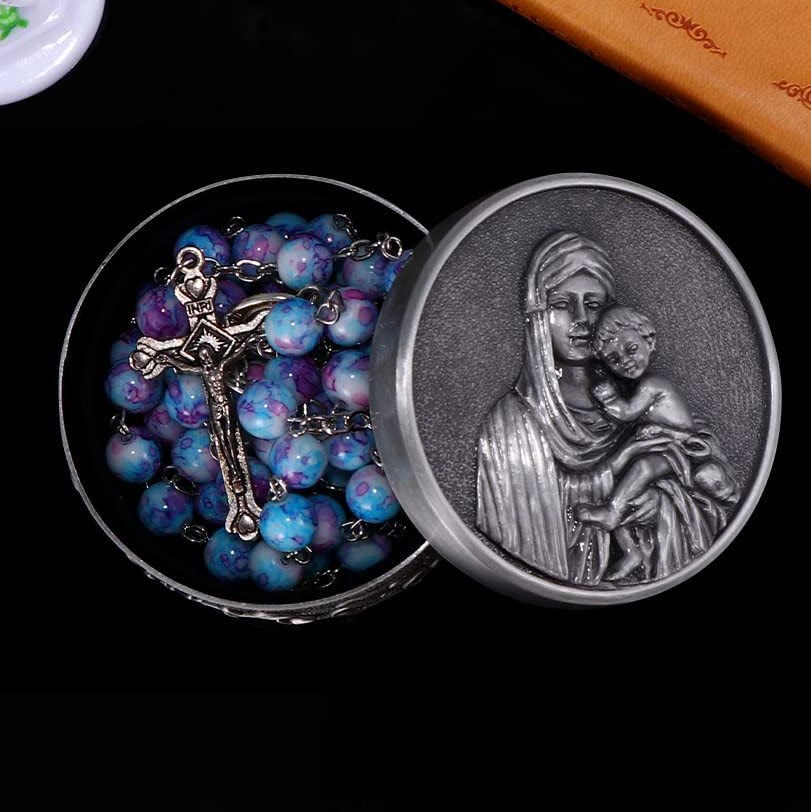 christiandiscipleshop Madonna and Child & Crucifix of 8 mm Round Multicolor Acrylic Alloy Chain Rosary