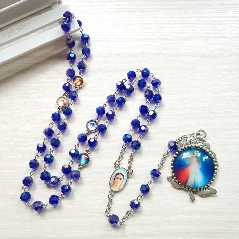 Christiandiscipleshop Our Lady of Fátima & Sacred Heart of Jesus of 6 mm Polyhedron Blue Crystal Alloy Chain Rosary