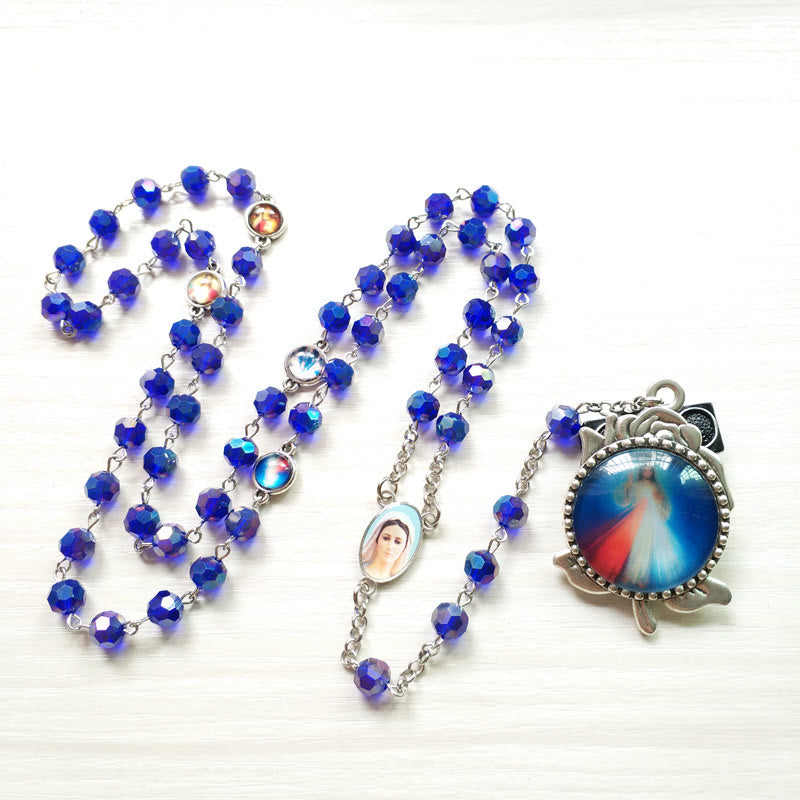 Christiandiscipleshop Our Lady of Fátima & Sacred Heart of Jesus of 6 mm Polyhedron Blue Crystal Alloy Chain Rosary