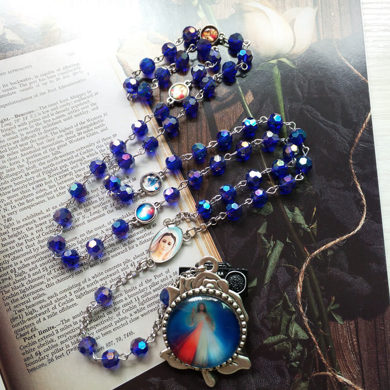 Christiandiscipleshop Our Lady of Fátima & Sacred Heart of Jesus of 6 mm Polyhedron Blue Crystal Alloy Chain Rosary
